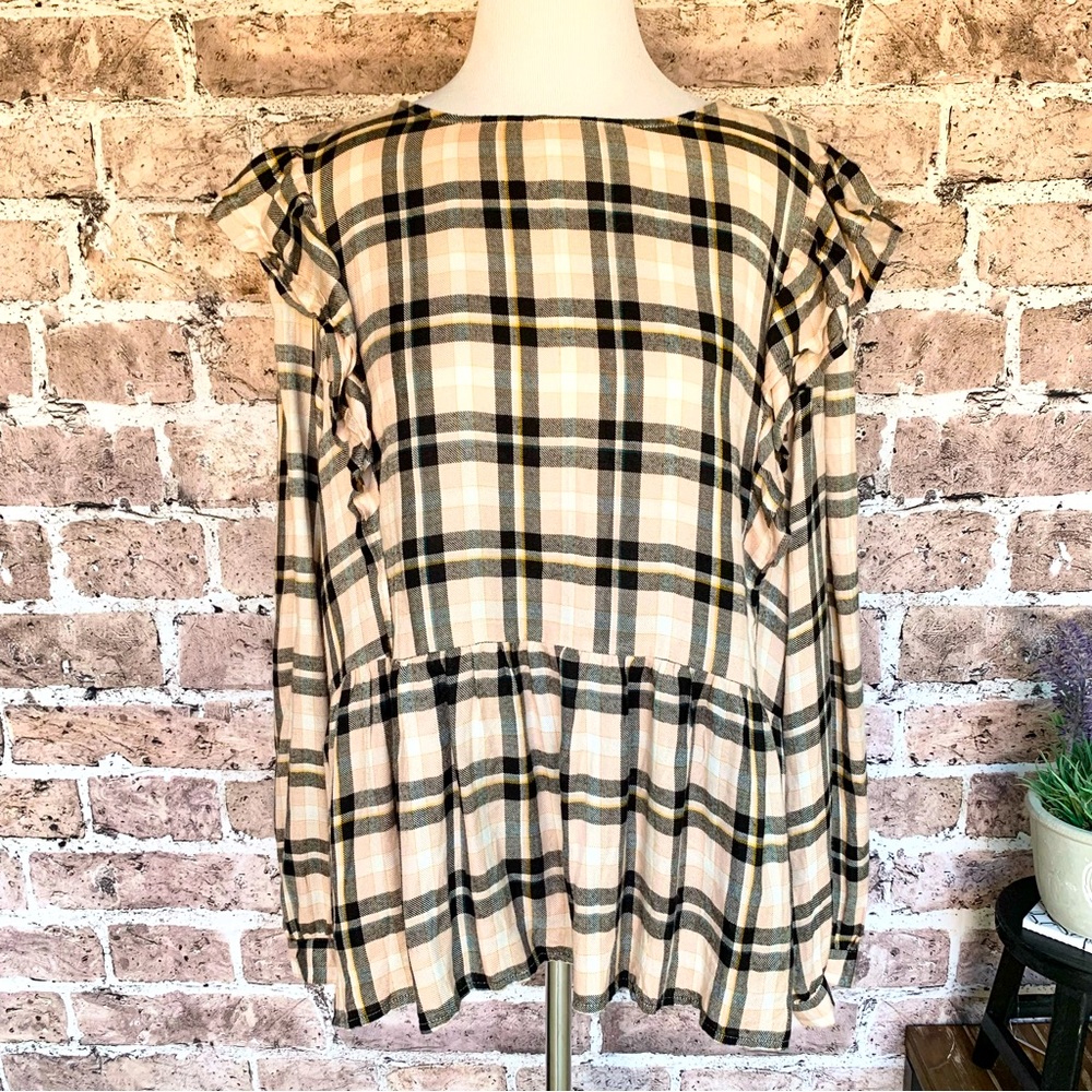 LOFT Pink Plaid Ruffle Sleeve Top XL NWT
